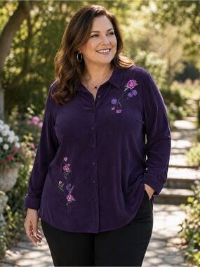 Cascade Blue Floral Embroidered Velour Button-Up Shirt Purple 1X Plus Size